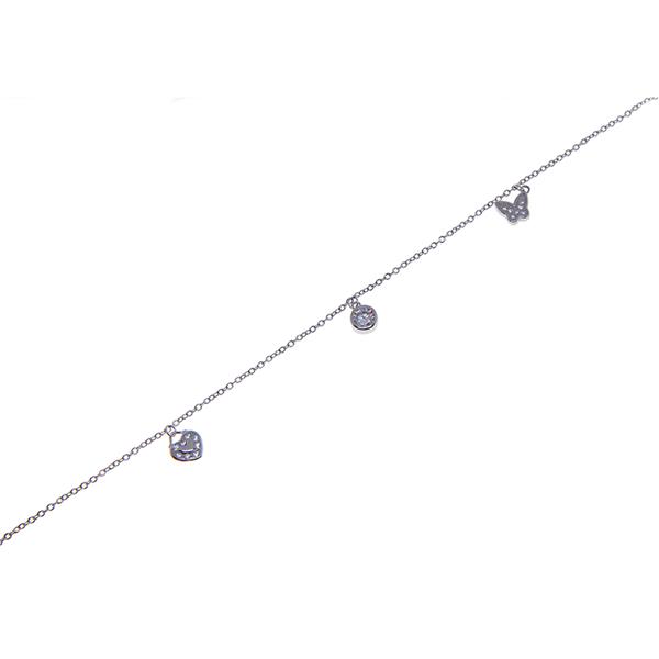 Srebrna verižica za gležen z vgrajenimi obeski - srček, krogec in ključavnica s kamenčki