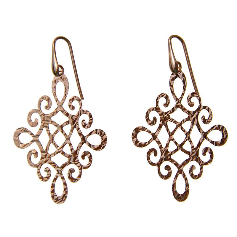 Elegantni viseči uhani iz srebra čistine 925 v rose gold barvi in diamantiranim vzorcem