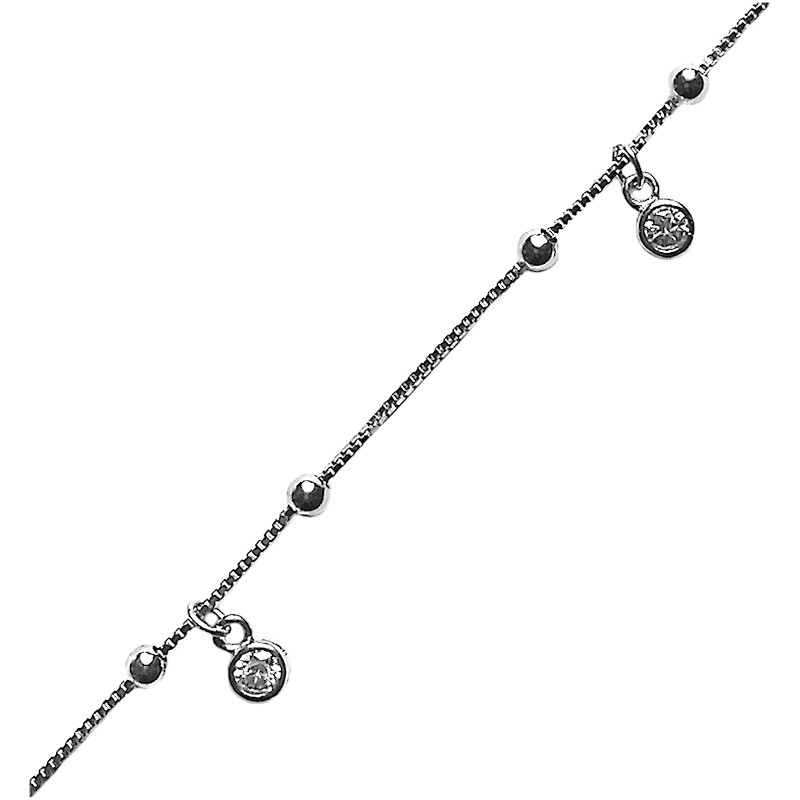 Srebrna verižica za nogo z vgrajenimi visečimi okroglimi obeski s kamenčki